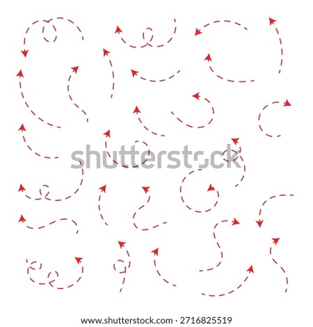 red Hand drawn arrow dash dot line doodle vector set. Dashed hand drawn curved vector arrows icons . eps 10