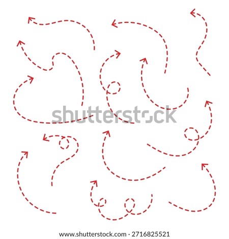 red Hand drawn arrow dash dot line doodle vector set. Dashed hand drawn curved vector arrows icons . eps 10