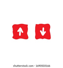red hand drawn arrow up in red shabby square and red arrow down in red circle. flat icon isolated on white. point down button. cartoon signs set. Upload icon. Upgrade. download, share