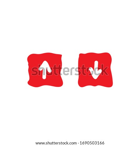 red hand drawn arrow up in red shabby square and red arrow down in red circle. flat icon isolated on white. point down button. cartoon signs set. Upload icon. Upgrade. download, share