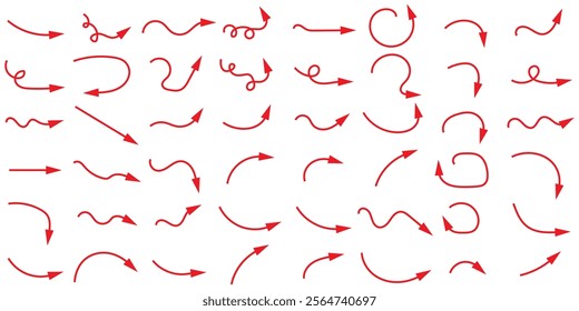 Red Hand drawn arrow symbol. Arrow icon sketch graphic design for education and business use. Hand drawn curve arrow icon illustration. Collection of line arrows. Set simple curved hand drawn arrows. 