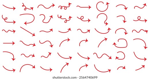 Red Hand drawn arrow symbol. Arrow icon sketch graphic design for education and business use. Hand drawn curve arrow icon illustration. Collection of line arrows. Set simple curved hand drawn arrows. 
