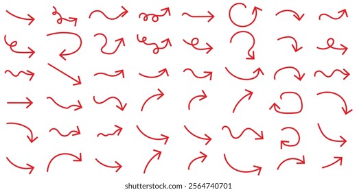 Red Hand drawn arrow symbol. Arrow icon sketch graphic design for education and business use. Hand drawn curve arrow icon illustration. Collection of line arrows. Set simple curved hand drawn arrows. 