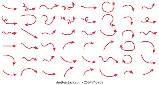 Red Hand drawn arrow symbol. Arrow icon sketch graphic design for education and business use. Hand drawn curve arrow icon illustration. Collection of line arrows. Set simple curved hand drawn arrows. 