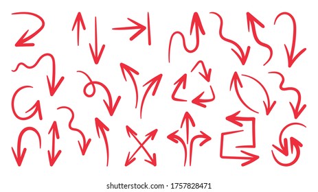 Red hand drawn arrow vector icons set. sketch arrow design for business plan and education.