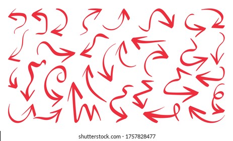 Red hand drawn arrow vector icons set. sketch arrow design for business plan and education.