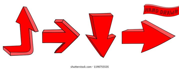 Red hand drawn arrows. Colored sketch. Vector illustration isolated on white background
