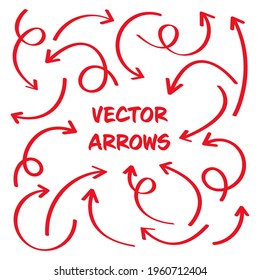 Red hand drawn arrows isolated on white background. Doodle arrow, zigzag and round pointers. Handmade sketches of direction symbols. Vector illustration.