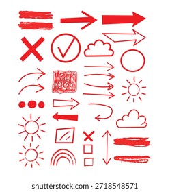 Conjunto de flechas dibujadas a mano rojas que incluyen círculos de garabatos y subrayan los Elementos destacados Paquete de iconos de Ilustración vectorial