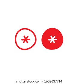 red hand drawn asterisk footnote in circle icon. Flat icon of lopsided footnote isolated on white background. Vector illustration. cartoon star note symbol for more information