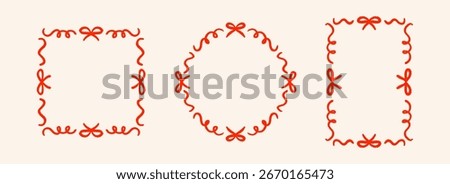 Red hand drawn bow frame set. Wavy ribbon border collection. Circle, square and rectangle doodled box bundle for invitation template, poster, banner. Coquette sketch cadre pack. Vector