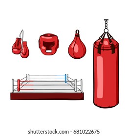 Red hand drawn boxing equipment. Boxing gloves, helmet, punching bag, boxing ring and punching ball. Flat vector illustration isolated on white