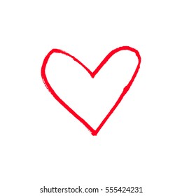 Red hand drawn brush stroke Heart on white background. Valentines Day concept in grunge style. Vector illustration.