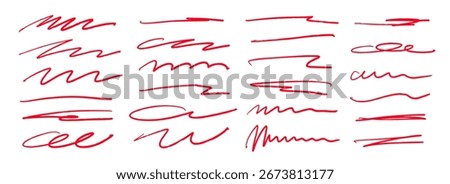 Red hand drawn brush strokes set. Sketched doodle scrawl lines collection. Zig zag, wavy squiggle scribble stripes pack. Red marker note signs for mark, emphasis, accent, highlight. Vector