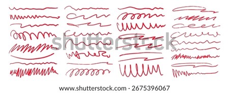 Red hand drawn brush strokes set. Sketched doodle scrawl lines collection. Jagged, wavy, squiggle scribble stripes pack. Marker note signs bundle for mark, emphasis, accent, highlight. Vector