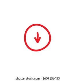 red hand drawn cartoon arrow down in circle. flat  icon. Download sign. isolated on white.