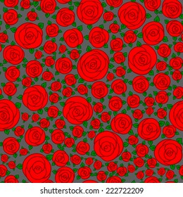 red hand drawn cartoon rose flowers vector seamless pattern