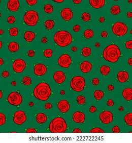 red hand drawn cartoon rose flowers on green vector seamless pattern
