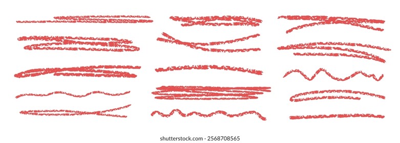 Red hand drawn chalk pencil strokes Set. Abstract Crayon textured scribbles, wavy lines, and underlines. Perfect for adding sketch effects to infographics, posters, digital art projects