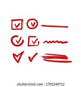 Red Hand Drawn Check, Mark Wrong Mark, Underline And Oval Marker. Vector Element
