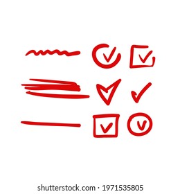 red hand drawn check, mark wrong mark, underline and oval marker. Vector element