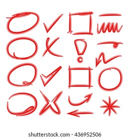 red hand drawn check marks, arrows, and circle markers