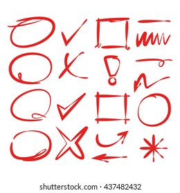 red hand drawn check marks, arrows, and circle markers