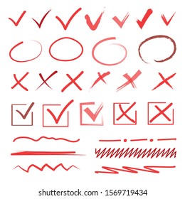 Red Hand Drawn Check Signs. Doodle V Mark For List Items, Checkbox Chalk Icons And Sketch Checkmarks. Vector Checklist Marks Icon Set