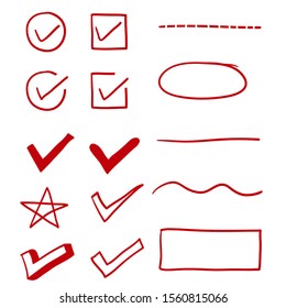 red hand drawn check, underline and oval marker with doodle style vector