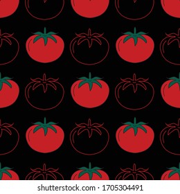 tomate de cerezo dibujado a mano sin fisuras en fondo negro. fondo para textiles, banner, papel de envoltura, papel impreso, tejido y otros productos.