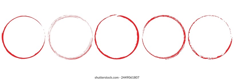 Conjunto de boceto de pincel dibujado a mano rojo. Grunge garabato círculos redondos para el elemento de diseño de marca de nota de mensaje. Cepille los frotis circulares. Ilustración vectorial. Archivo Eps 337.