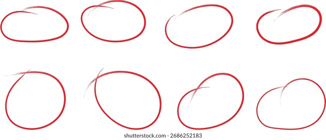 Red hand drawn circle collection. Doodle brush stroke circle shape. Outline hand draw Highlight circle. Highlighted Circle frame hand drawing doodle ar