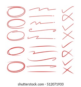 red hand drawn circle highlighter, check mark and brush line