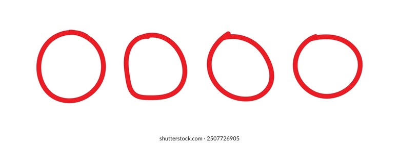 Red hand drawn circle line art vector set .