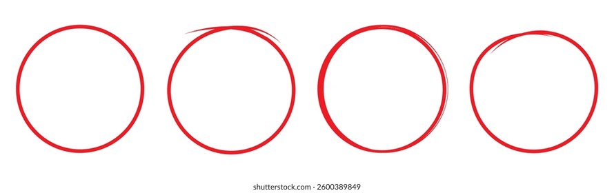 Red Hand drawn circle line sketch set. Vector circular red scribble doodle round circles for message note mark design element. Pencil or pen graffiti bubble or ball draft illustration.