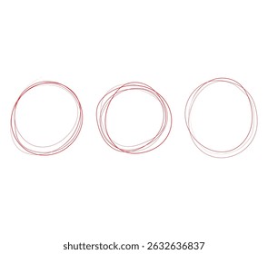 Red hand drawn circle lines set isolated on white background.