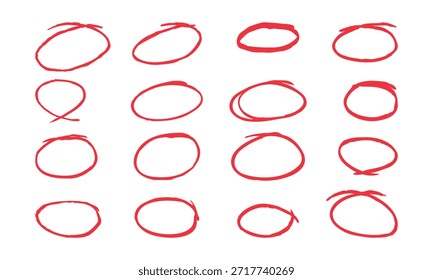 Rot handgezeichnete Kreis formt Elementgruppe. Doodle-Marker für Textmarker-Vorlage. Abgerundete und ovale Formen Design-Kollektion.