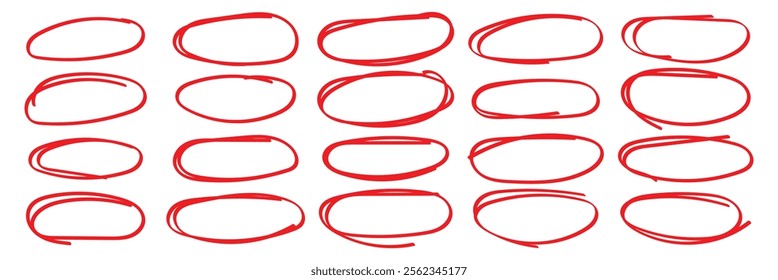 Red hand drawn circles. Red doodle circle set vector illustration.