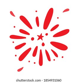 Rote Hand gezeichnet farbiges Feuerwerk doodle mit Stern in der Mitte. Vintage Sunburst. Vektorgrafik einzeln auf weißem Hintergrund