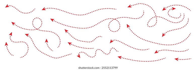 Red hand drawn curve dotted arrow icon vector set. dotted arrow illustration.