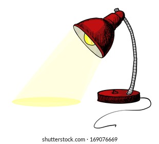 red hand drawn desk lamp - on white background, vector illustration