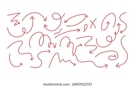 Flechas de Doodle dibujadas a mano rojas con líneas curvas incompletas