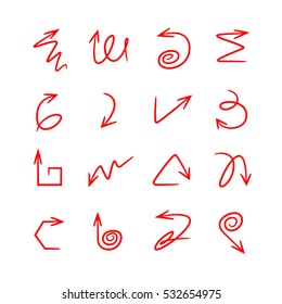 red hand drawn and doodle arrows on white