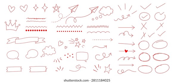 Red Hand Drawn Doodle Highlight Elements. Arrows, Speech Bubbles, Hearts, Stars, Hearts, Underline, Highlight Shapes, paper planes, ribbons and Scribble Lines vector set.