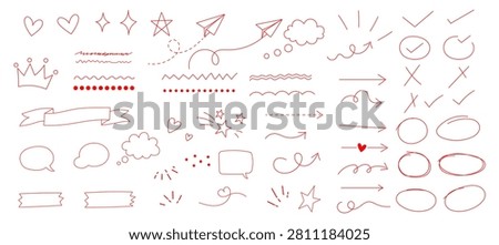 Red Hand Drawn Doodle Highlight Elements. Arrows, Speech Bubbles, Hearts, Stars, Hearts, Underline, Highlight Shapes, paper planes, ribbons and Scribble Lines vector set.