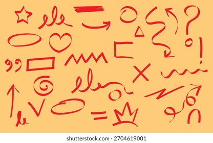 Red hand drawn doodles feature various scribbles and shapes including arrows stars and hearts on a light orange background creating a playful artistic design perfect for decoration.