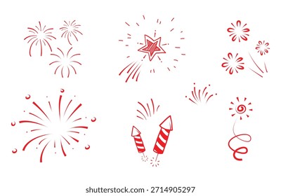 Ilustraciones de fuegos artificiales dibujados a mano y firecracker doodle para diseños de celebración