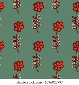 Red hand drawn flowers seamless simple pattern. Pale green background. Pastel print. Stock illustration. Vector design for textile, fabric, giftwrap, wallpapers.