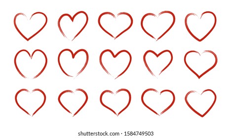 Red hand drawn grunge ink hearts. Vector love heart set for greeting card, wedding invitation, poster, Valentine's day postcard isolated on white background. Line hearts design template