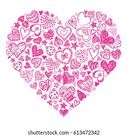 Red hand drawn heart with different hearts.Vector illustration.